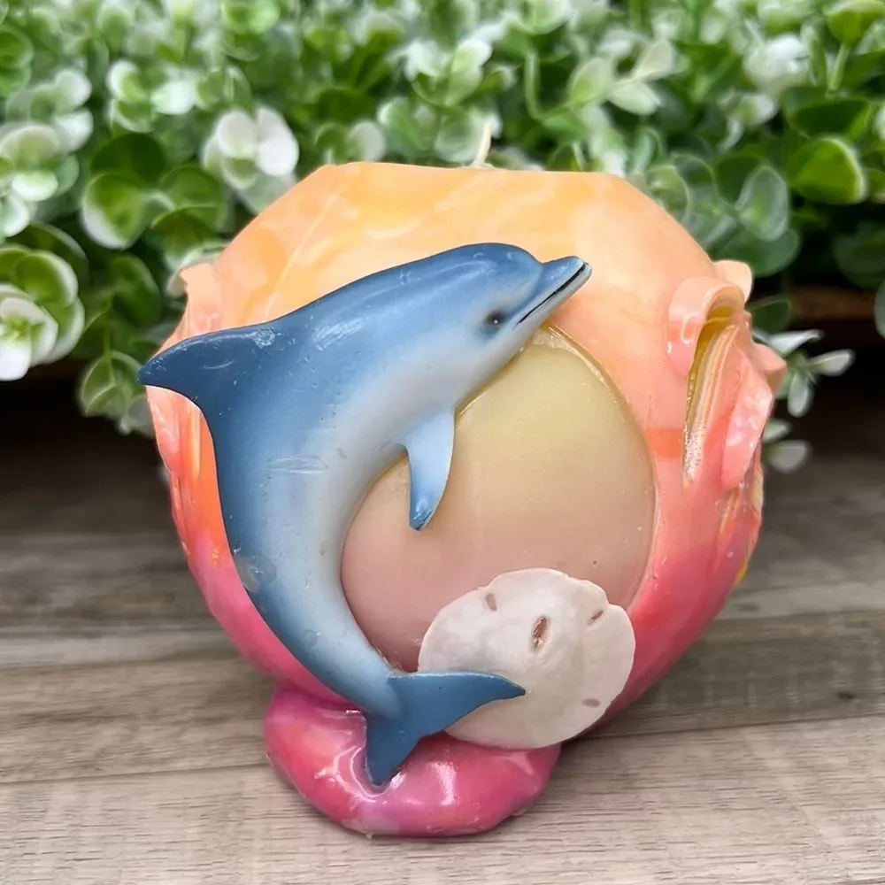 Dolphin Palm Tree Key West Florida Round Colorful Candle Nautical Coastal Decor